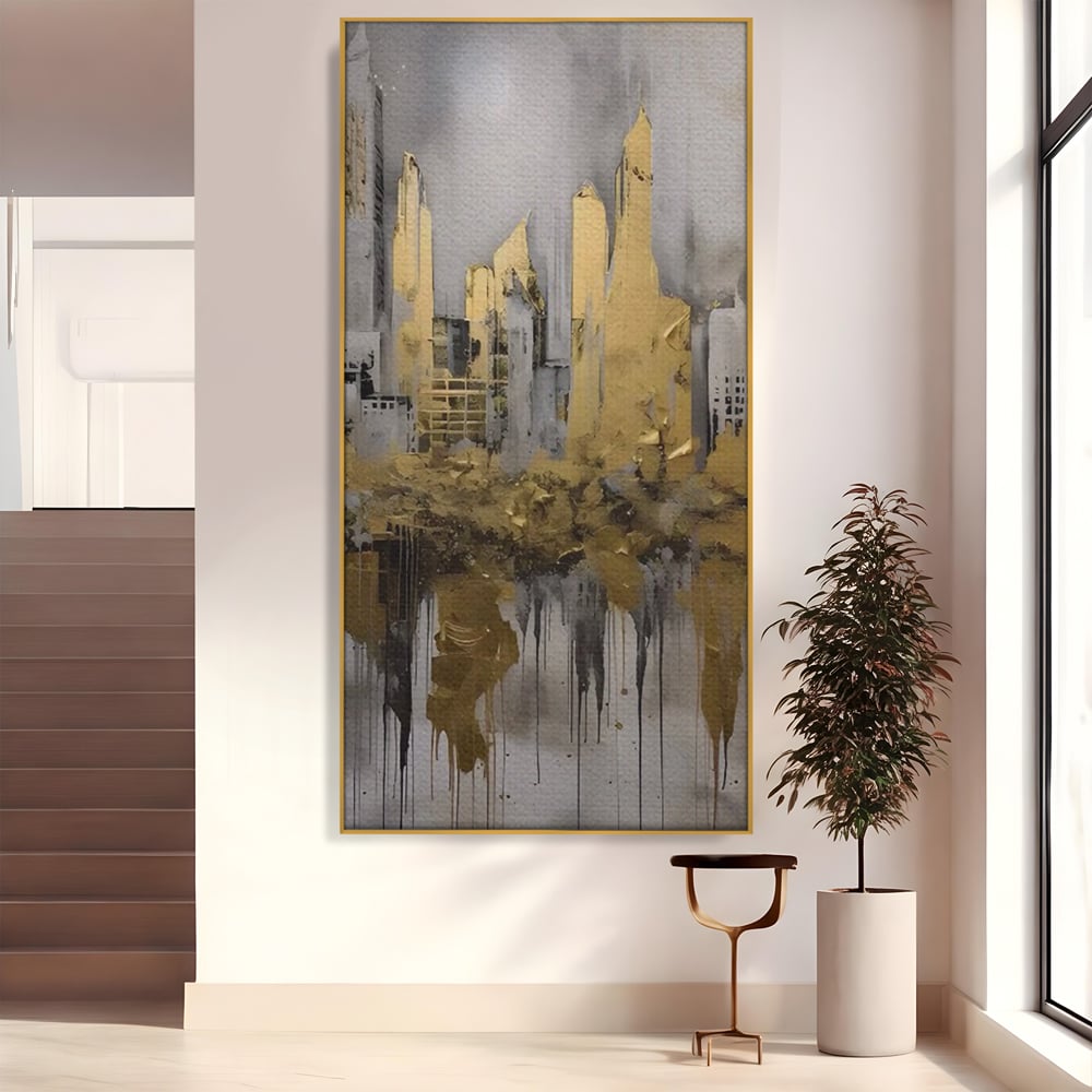 Tablou canvas cu tablou canvas cu zgarie-nori aurii, in rama de aluminiu auriu